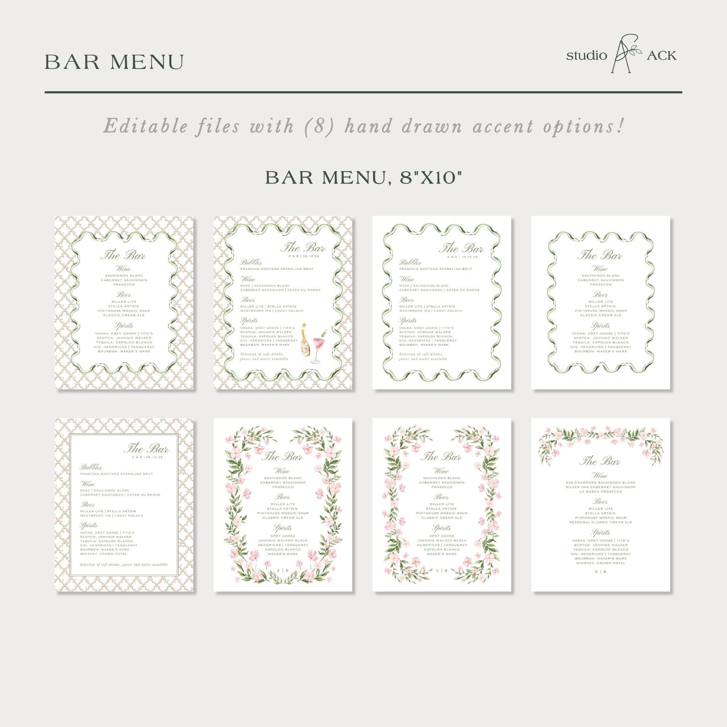 a collection of bar menu designs, each with a unique layout and decorative elements. The menu designs are presented in a grid format, with each design featuring a different background color and floral pattern. The text in the image is too small to read clearly, so I cannot provide specific details about the menu content.