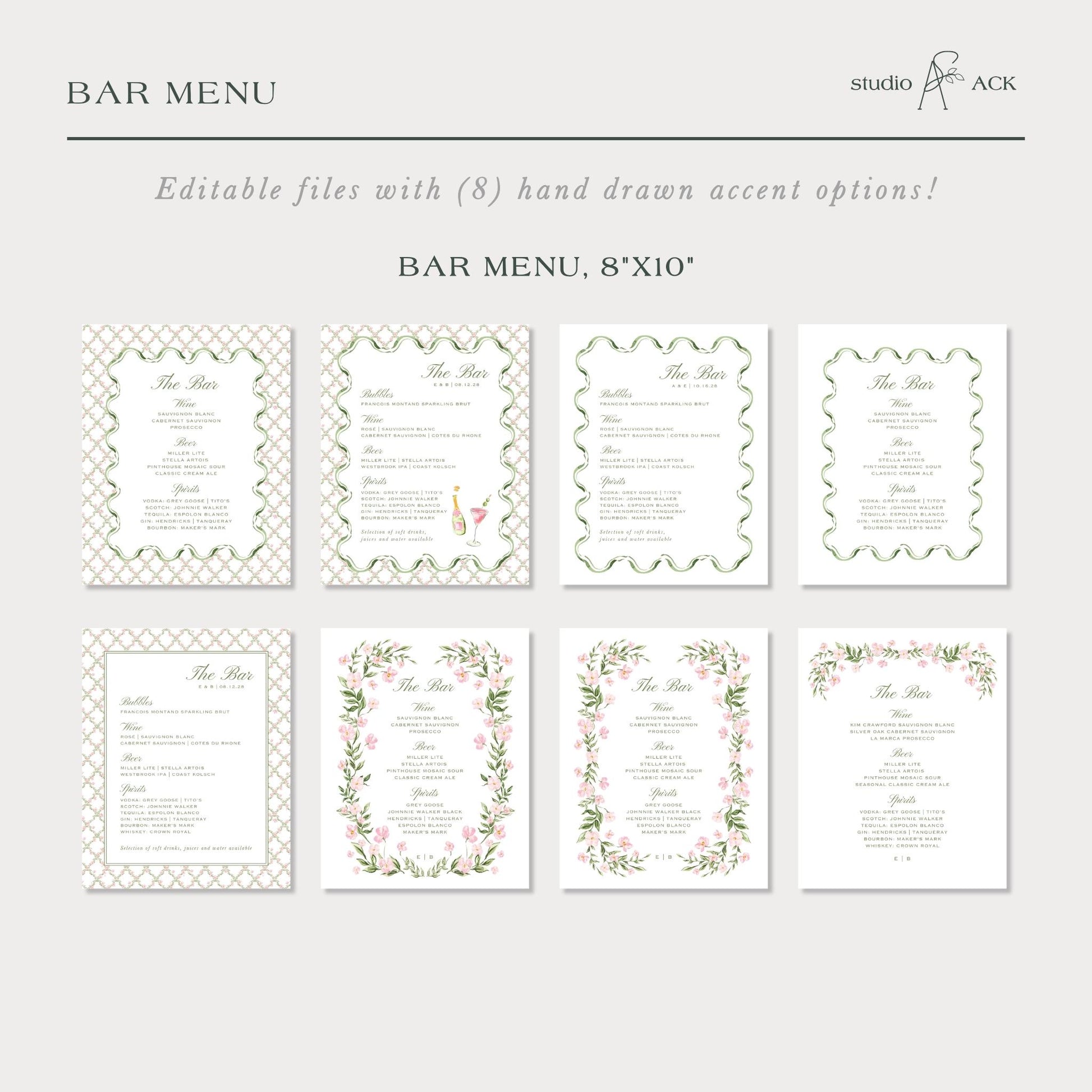 a collection of bar menu designs, each with a unique layout and decorative elements. The menu designs are presented in a grid format, with each design featuring a different background color and floral pattern. The text in the image is too small to read clearly, so I cannot provide specific details about the menu content.