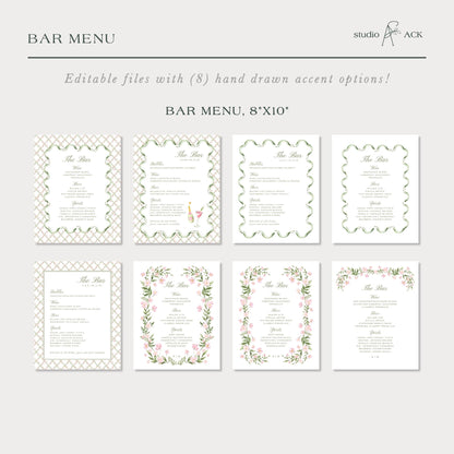 a collection of bar menu designs, each with a unique layout and decorative elements. The menu designs are presented in a grid format, with each design featuring a different background color and floral pattern. The text in the image is too small to read clearly, so I cannot provide specific details about the menu content.