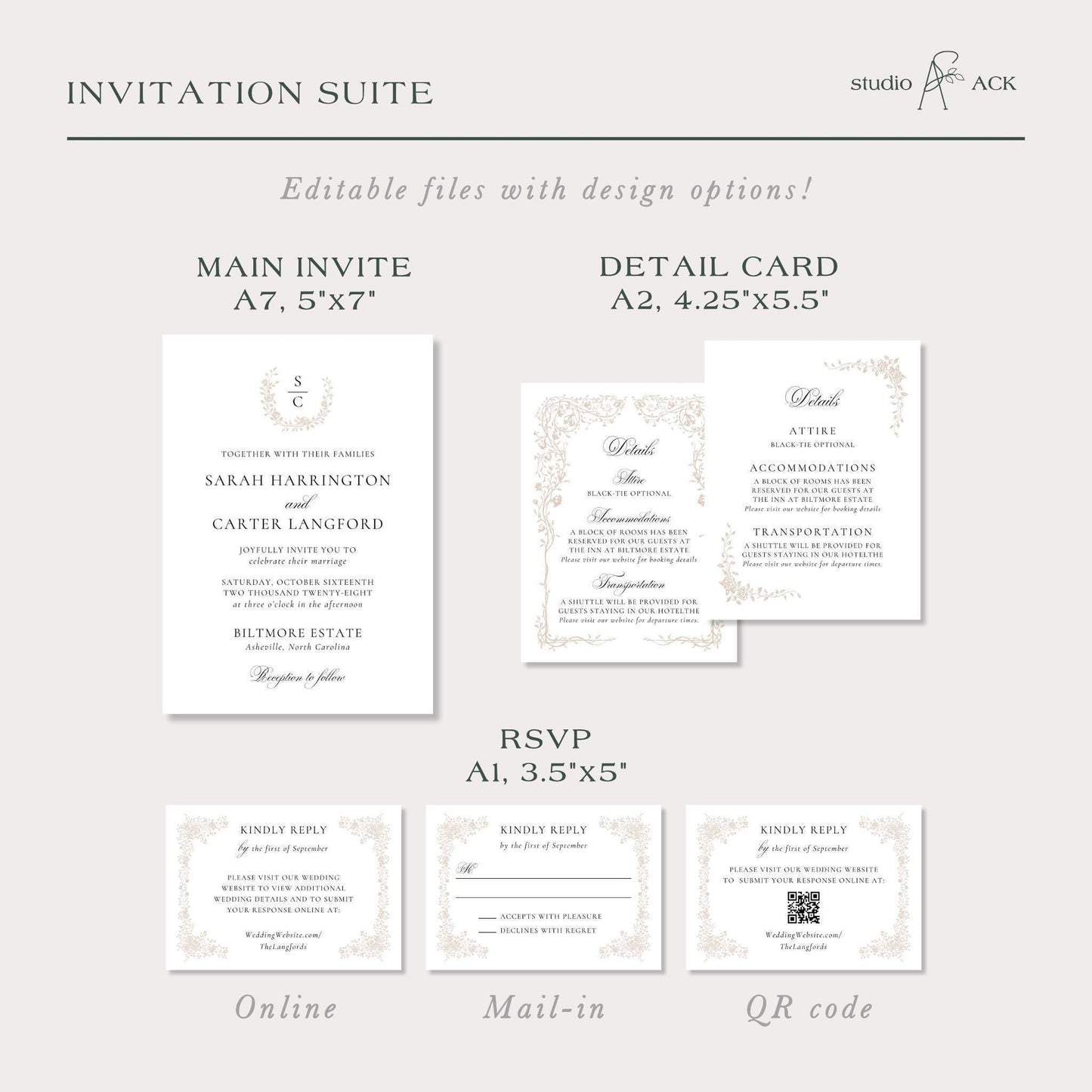 Neutral Floral Line Art Wedding Invitation Suite Template