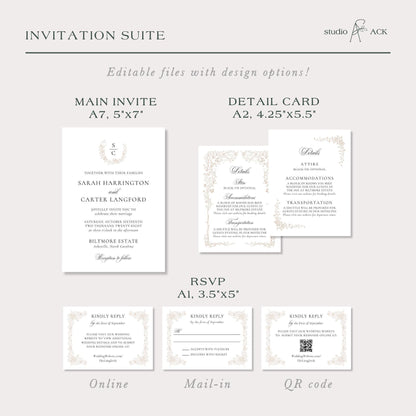 Neutral Floral Line Art Wedding Invitation Suite Template