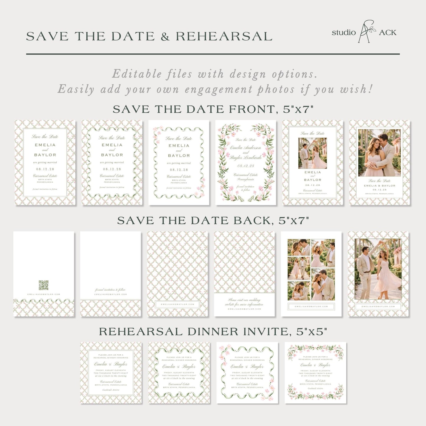 a collection of wedding invitation designs, including save the date cards and dinner invitations, with various designs and layouts.