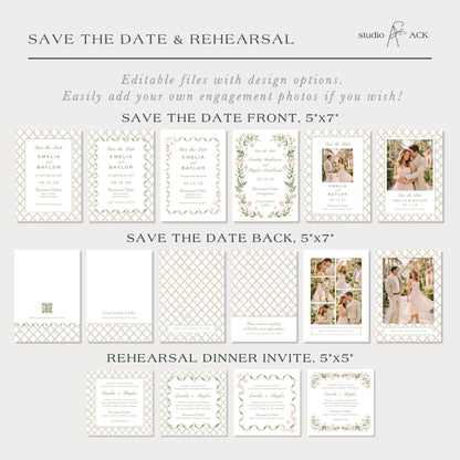 a collection of wedding invitation designs, including save the date cards and dinner invitations, with various designs and layouts.