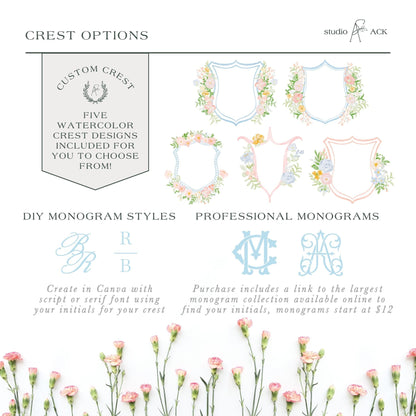 The image is a collage of various crest designs, including custom crests, DIY monogram styles, and professional monograms, all featuring floral elements and different color schemes.