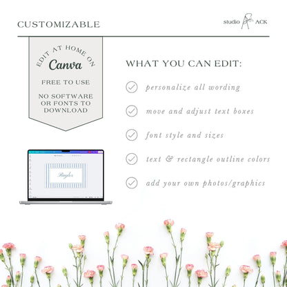 a laptop with a floral background, and there is a list of customizable options available for editing Canva graphics.