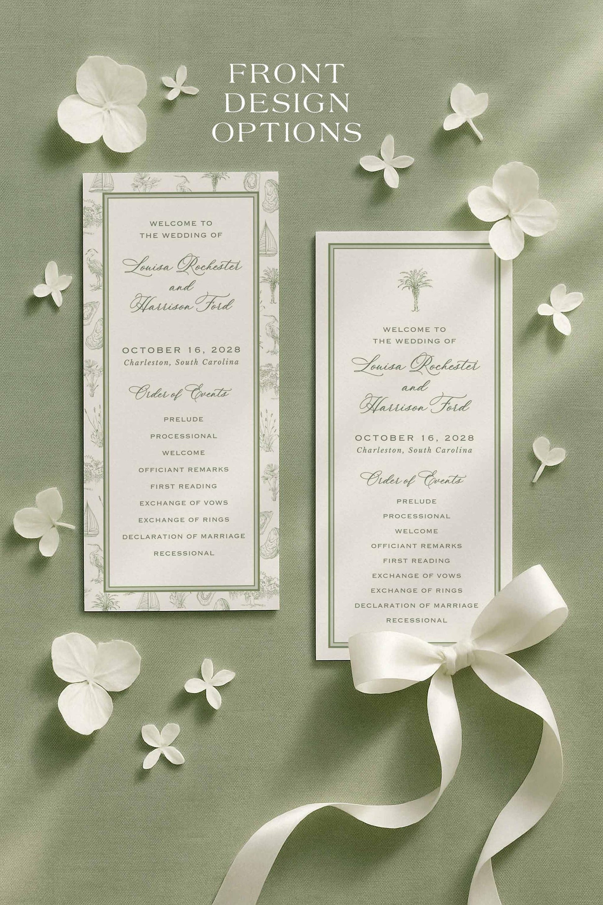 Coastal southern toile wedding program cards styled on green linen with soft natural daylight, white petals, and a flowing satin ribbon. The hand-illustrated toile artwork wraps the border with palmetto trees, egrets, oysters, sailboats, marsh scenes, and oak trees. Includes ceremony order of events and wedding party list. Printable and Canva-editable template ideal for southern weddings, coastal ceremonies, outdoor events, and fine art stationery lovers.