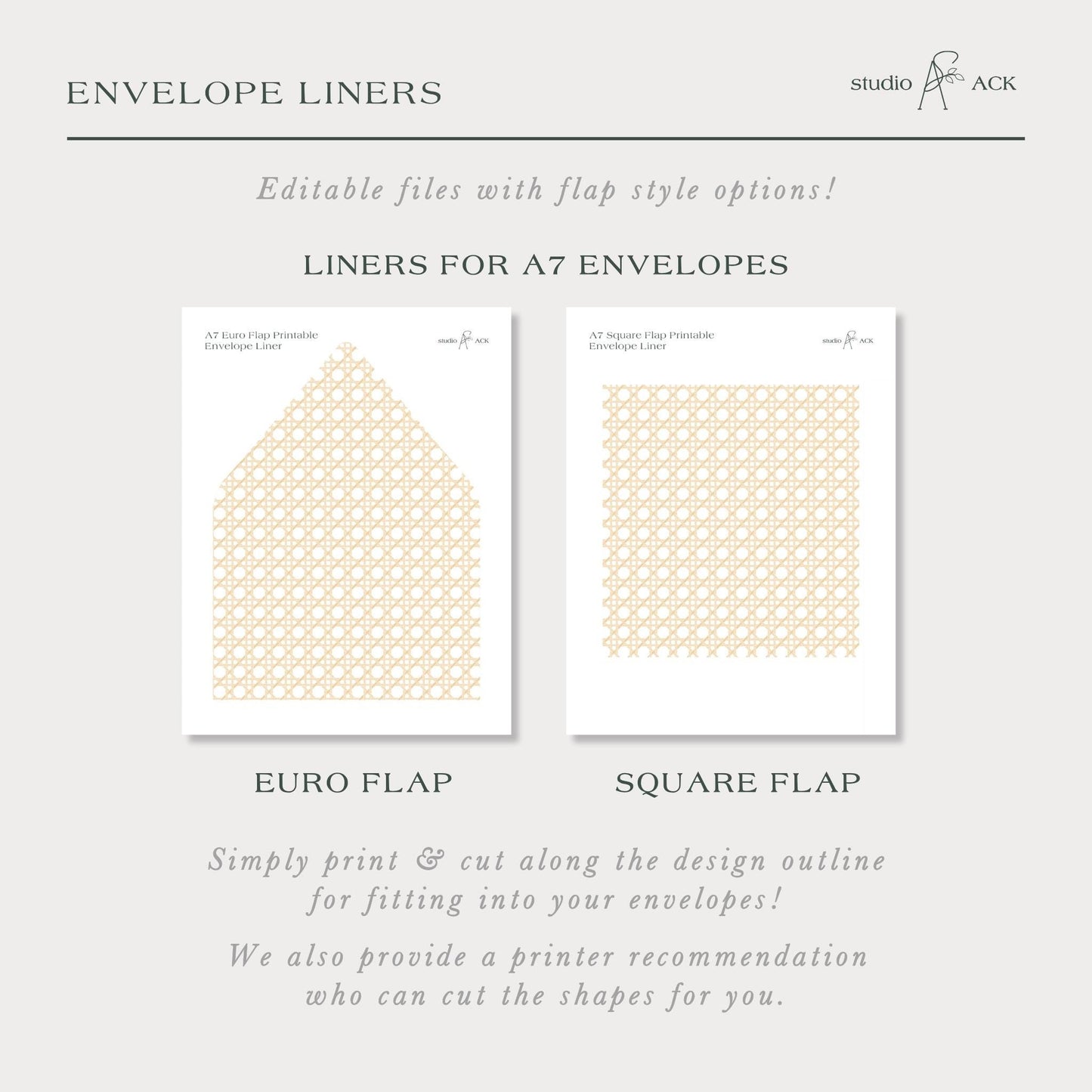 The image is a collection of two envelope liners, one for A7 envelopes and the other for A6 envelopes. The liners are designed to be printed and cut along the outline to fit into the envelopes. The image also provides a printer recommendation for cutting the shapes for the liners.