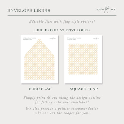 The image is a collection of two envelope liners, one for A7 envelopes and the other for A6 envelopes. The liners are designed to be printed and cut along the outline to fit into the envelopes. The image also provides a printer recommendation for cutting the shapes for the liners.