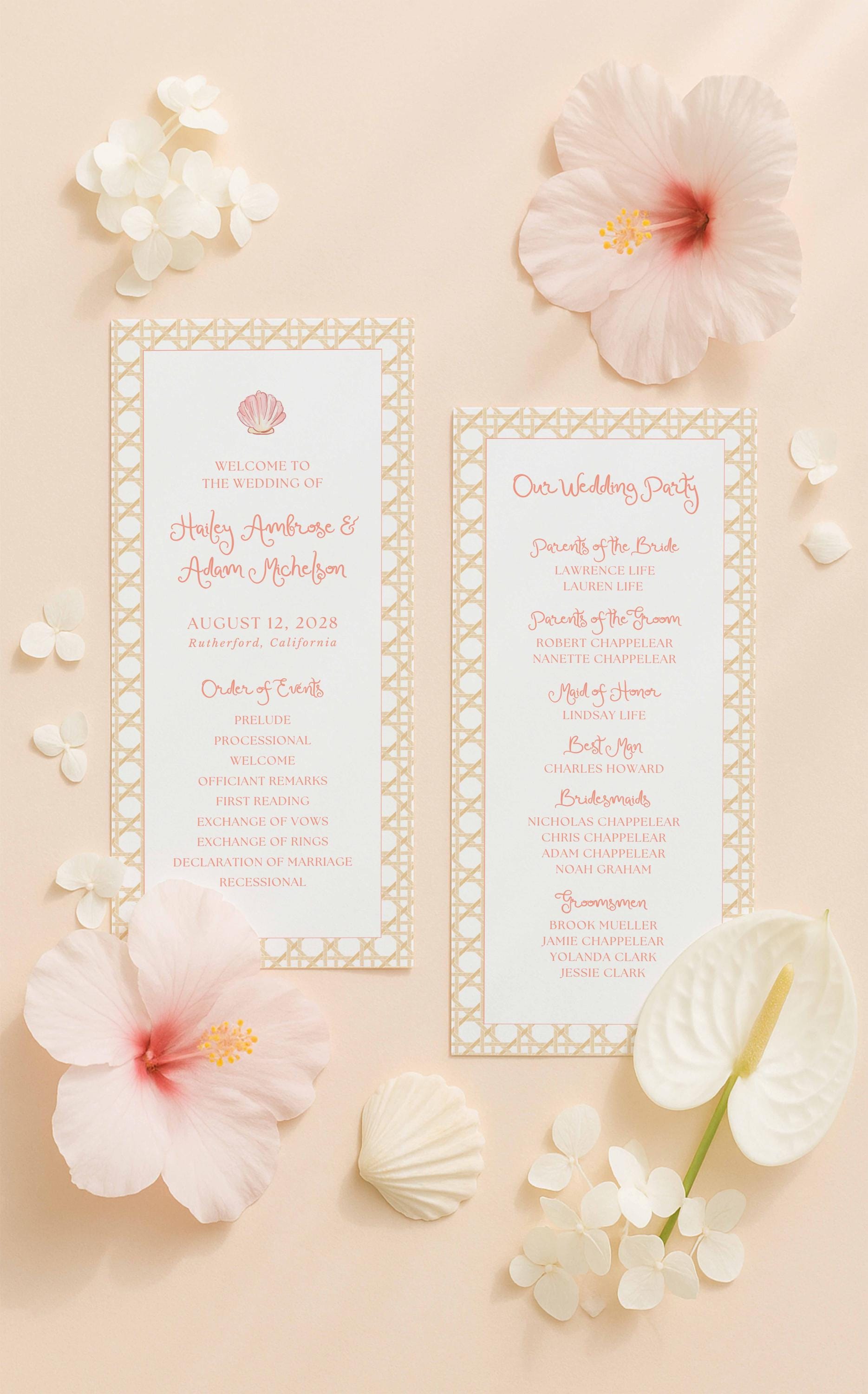 a wedding invitation with a pink and white color scheme, surrounded by flowers and seashells.