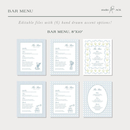Blue Rattan Wedding Bar Menu Template