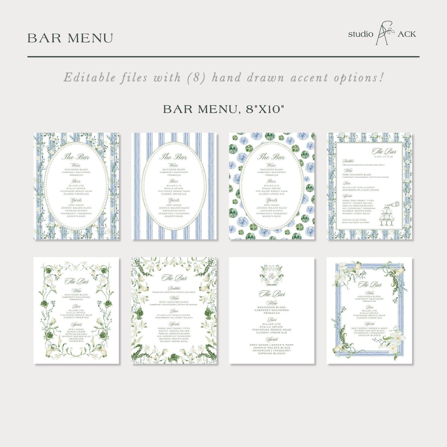 Blue, White & Green Wedding Bar Menu Template