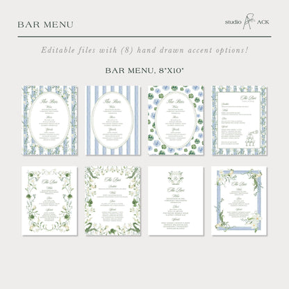 Blue, White & Green Wedding Bar Menu Template