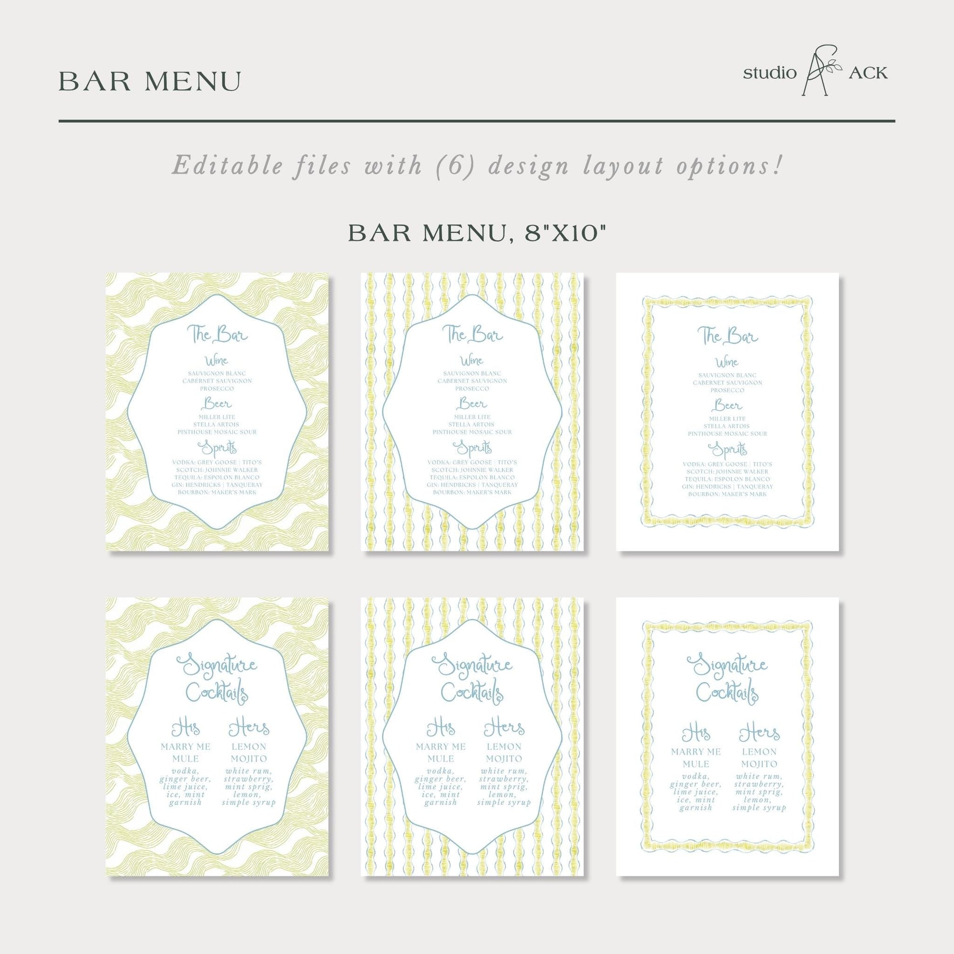 a collection of six different bar menu designs, each with a unique layout and color scheme. The designs include a white and green pattern, a yellow and white striped pattern, and a white and green striped pattern. The bar menu designs are editable, allowing for a customizable layout with various design options.