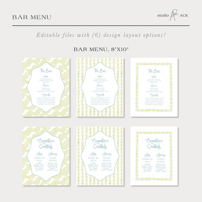 a collection of six different bar menu designs, each with a unique layout and color scheme. The designs include a white and green pattern, a yellow and white striped pattern, and a white and green striped pattern. The bar menu designs are editable, allowing for a customizable layout with various design options.