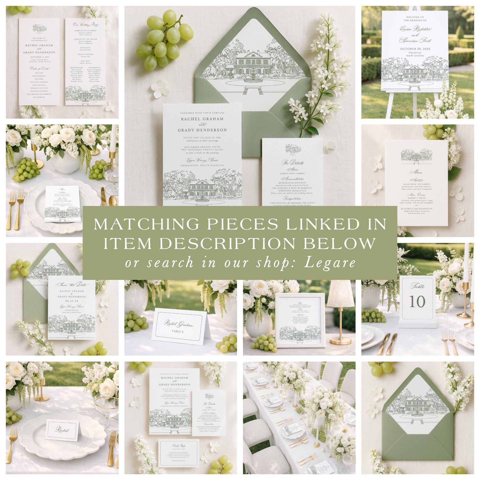 The image is a collage of various wedding-related items, including invitations, stationery, floral arrangements, and other decorative elements, all featuring a green and white color scheme.