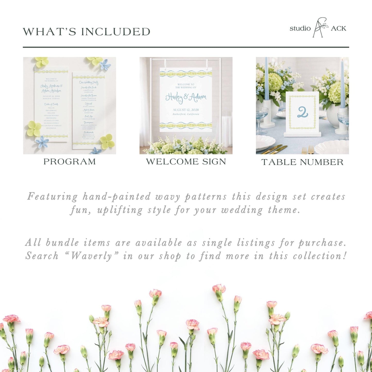 The image is a collage of three different wedding-themed images, including a program, a welcome sign, and a table number. The images feature hand-painted wavy patterns, flowers, and other decorative elements, creating a fun and uplifting style for a wedding theme.