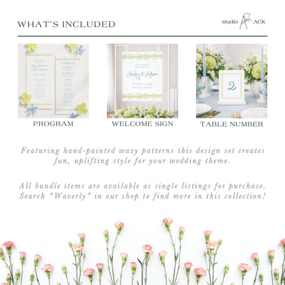 The image is a collage of three different wedding-themed images, including a program, a welcome sign, and a table number. The images feature hand-painted wavy patterns, flowers, and other decorative elements, creating a fun and uplifting style for a wedding theme.