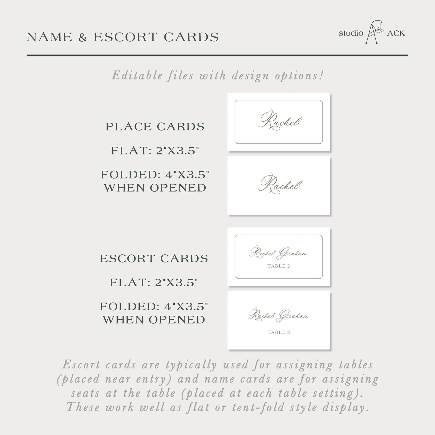 a collection of cards, including place cards and escort cards, which are typically used for assigning tables and name cards for assigning seats at the table. These cards work well as flat or tent-fold style display.