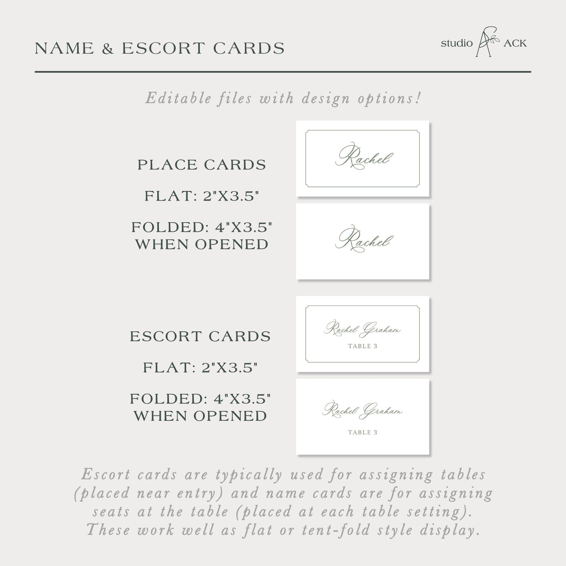 a collection of cards, including place cards and escort cards, which are typically used for assigning tables and name cards for assigning seats at the table. These cards work well as flat or tent-fold style display.