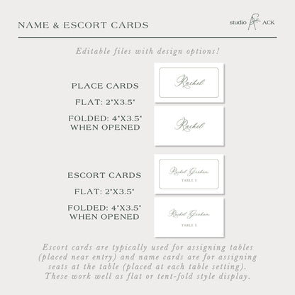 a collection of cards, including place cards and escort cards, which are typically used for assigning tables and name cards for assigning seats at the table. These cards work well as flat or tent-fold style display.