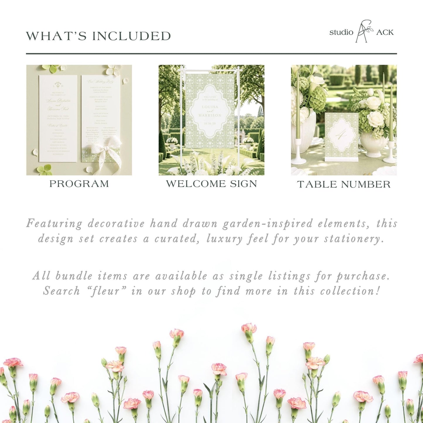 The image is a collage of three images, each depicting different elements related to floral arrangements and stationery. The first image shows a program, the second image displays a welcome sign, and the third image shows a table number. The text in the image provides information about the items included in the design set, stating that all bundle items are available as single listings for purchase and that the viewer can search for "flour" in the shop to find more in this collection.