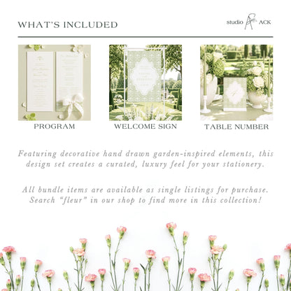 The image is a collage of three images, each depicting different elements related to floral arrangements and stationery. The first image shows a program, the second image displays a welcome sign, and the third image shows a table number. The text in the image provides information about the items included in the design set, stating that all bundle items are available as single listings for purchase and that the viewer can search for "flour" in the shop to find more in this collection.