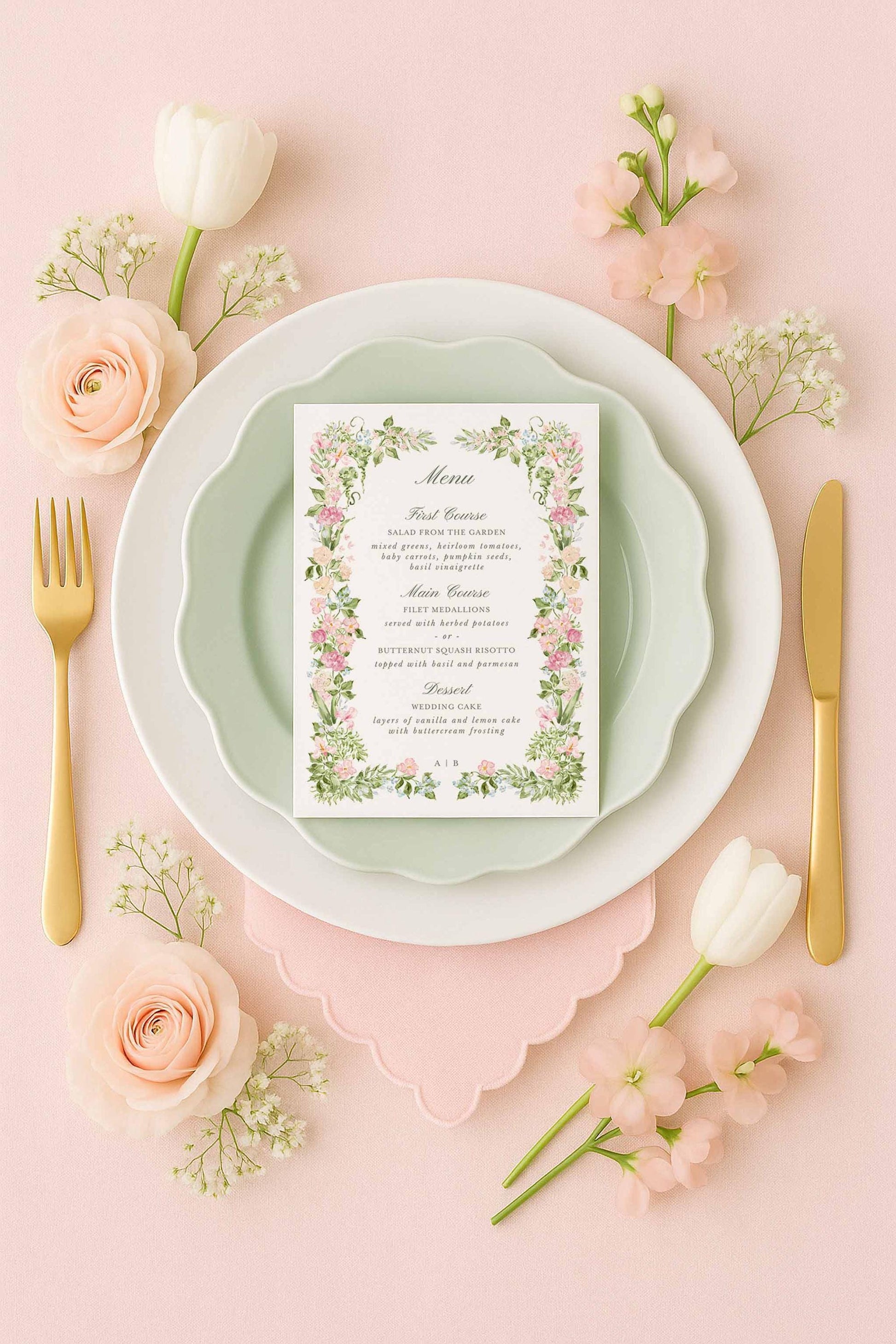 Elegant wedding menu template displayed in a floral flat lay with roses and greenery, highlighting the hand-painted watercolor artwork and customizable details.