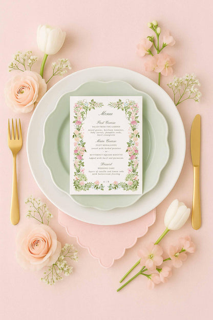 Elegant wedding menu template displayed in a floral flat lay with roses and greenery, highlighting the hand-painted watercolor artwork and customizable details.