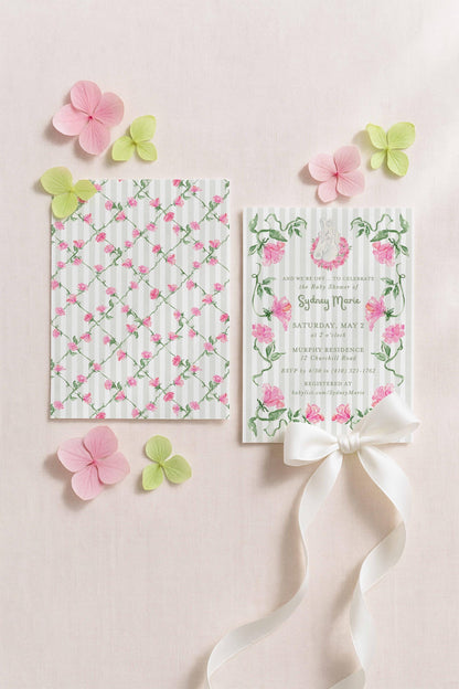 Striped Baby Shower Invitation Template | Green or Pink