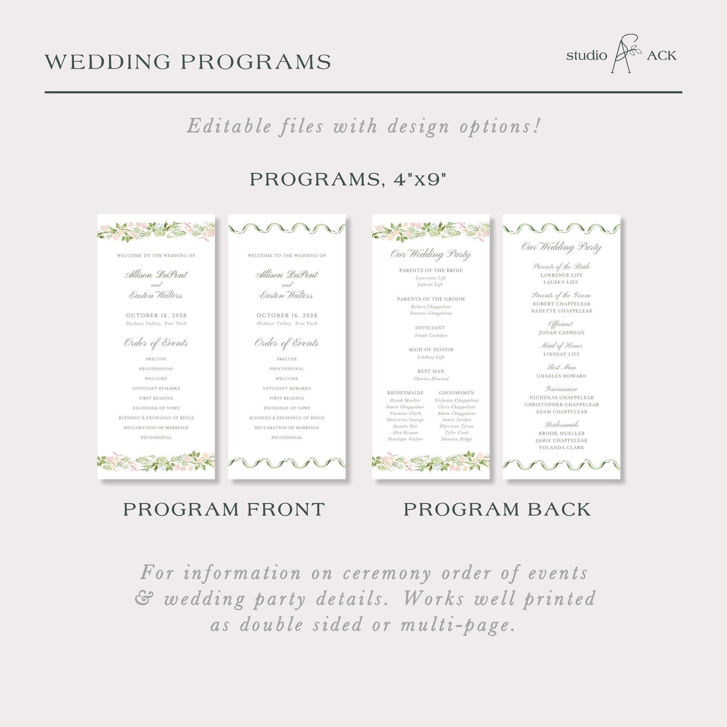 a collection of four programs, each with a different design and layout, providing information on wedding programs and wedding party details.