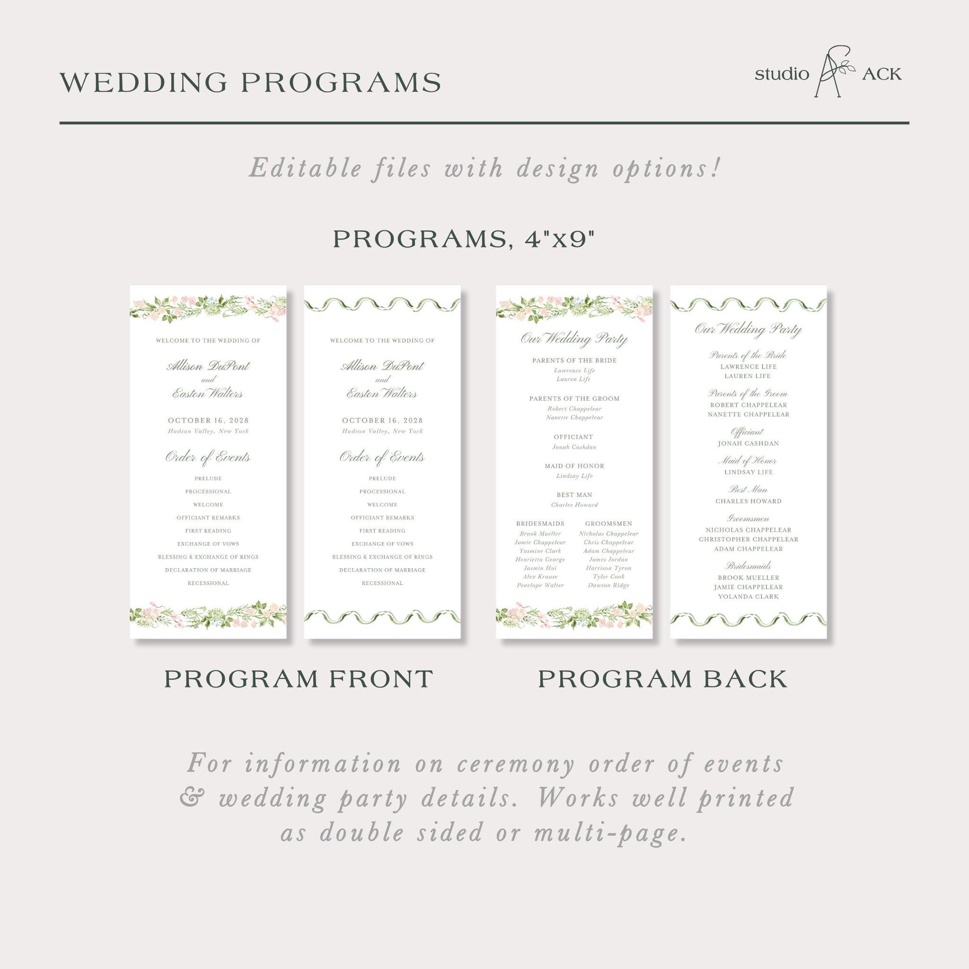 a collection of four programs, each with a different design and layout, providing information on wedding programs and wedding party details.