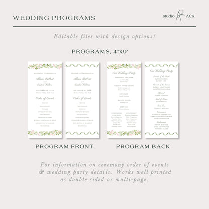 a collection of four programs, each with a different design and layout, providing information on wedding programs and wedding party details.
