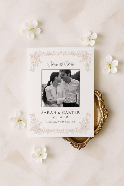 Neutral Floral Line Art Save the Date Template