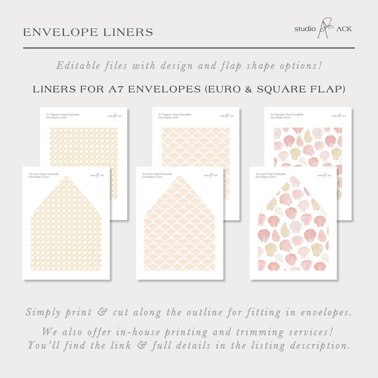 The image is an advertisement for envelope liners, featuring various designs and patterns that can be printed and cut along the outline for fitting into envelopes. The ad also offers in-house printing and trimming services, and provides a link and full details in the listing description.