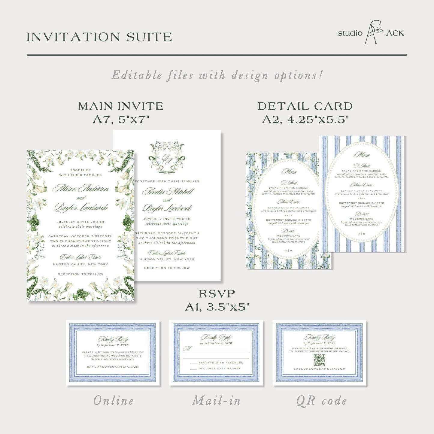 Blue, White & Green Wedding Invitation Suite Template