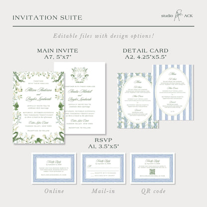 Blue, White & Green Wedding Invitation Suite Template