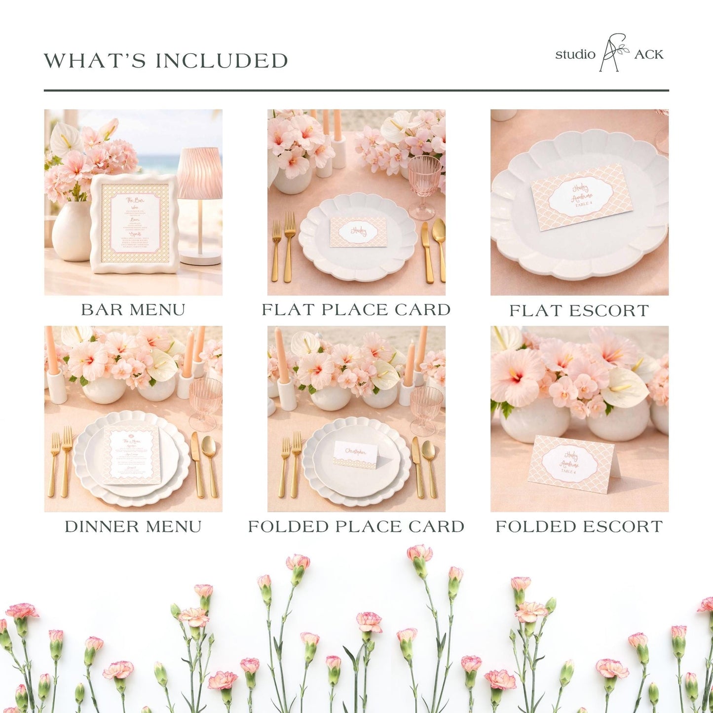 The image is a collage of six images depicting various elements of a wedding reception, including place cards, dinner menus, and floral arrangements.