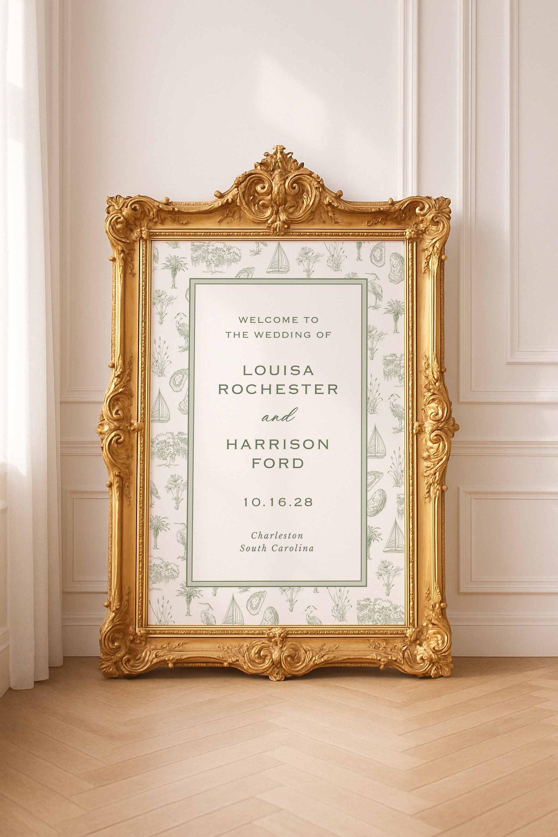 Coastal southern toile welcome sign with detailed illustrations of palmettos, egrets, oysters, sailing boats, marsh grasses, and oak trees forming a classic toile border around the couple’s names and wedding greeting. Shown in a fine art photography setting in an gold antique frame. Printable Canva template suitable for wedding entry displays, reception signage, and sophisticated southern event decor.