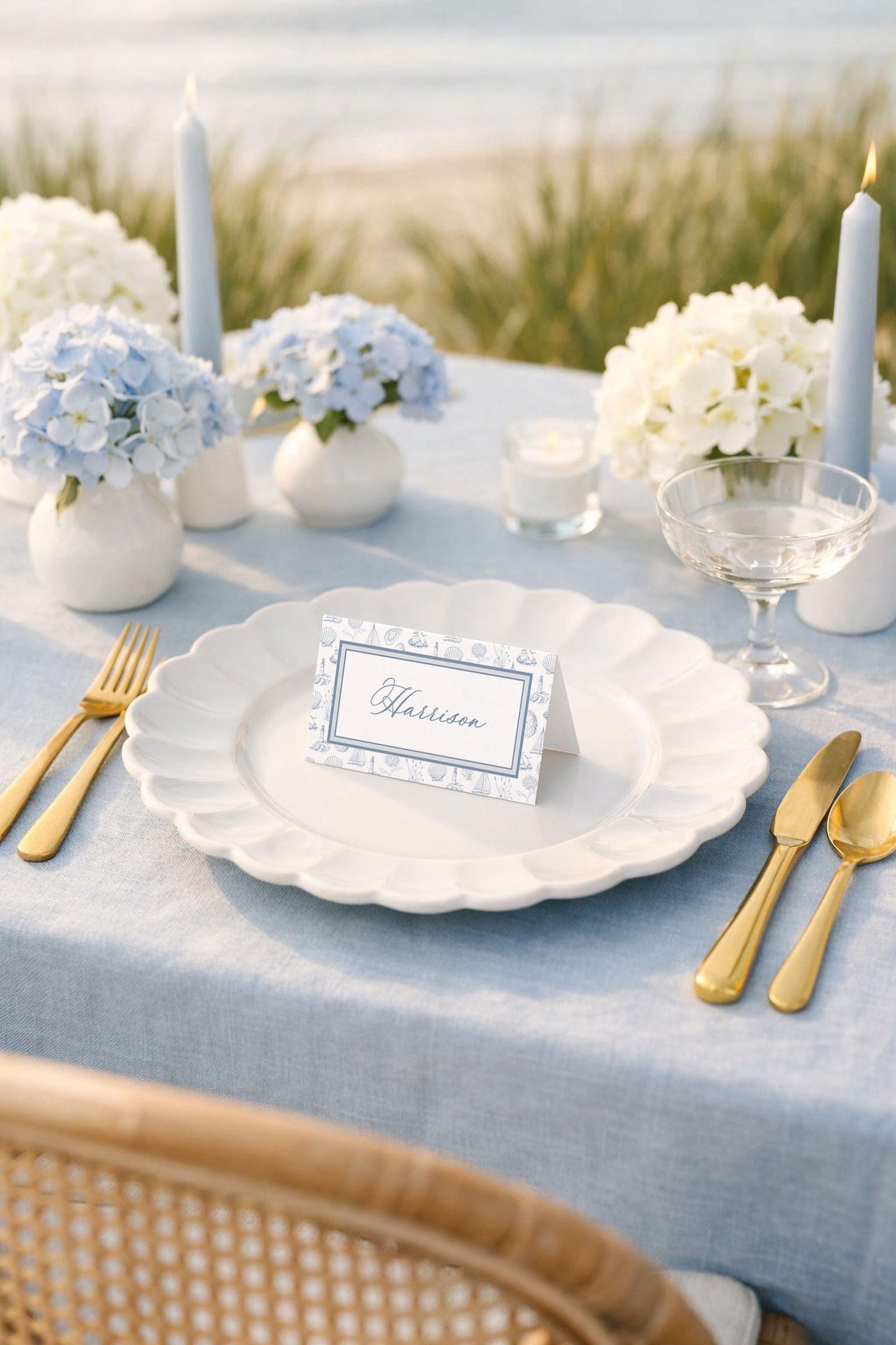 Coastal Toile Wedding Place Card Template