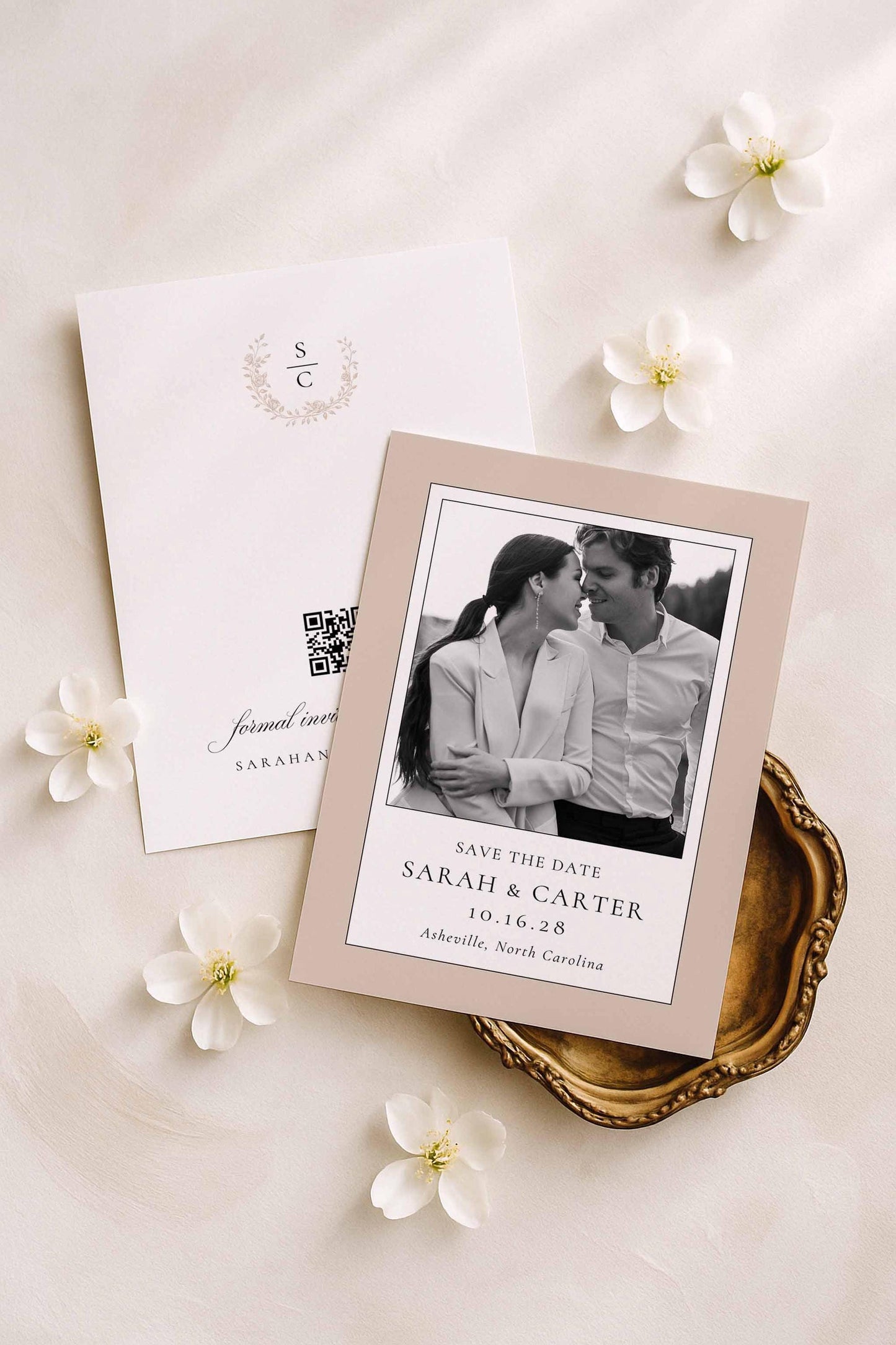 Neutral Floral Line Art Save the Date Template