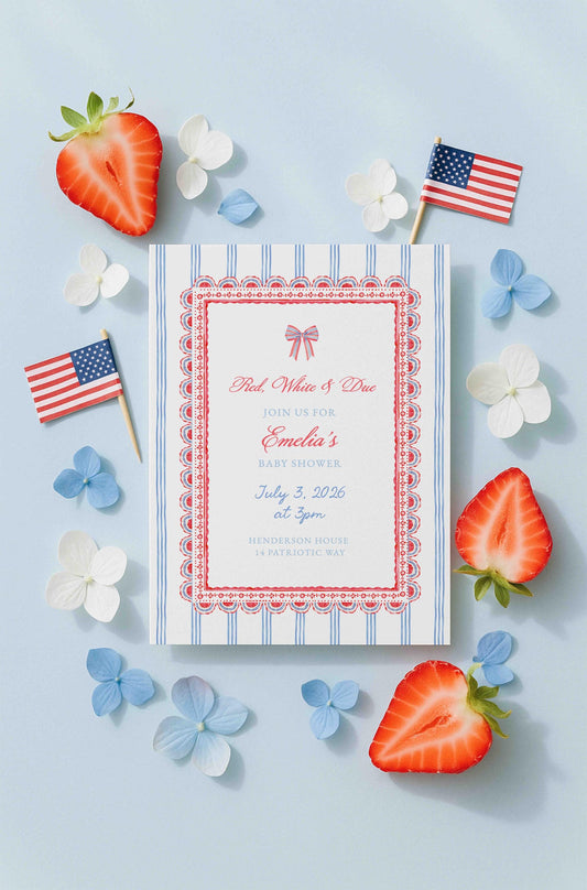 Red, White & Due Baby Shower Invitation Template