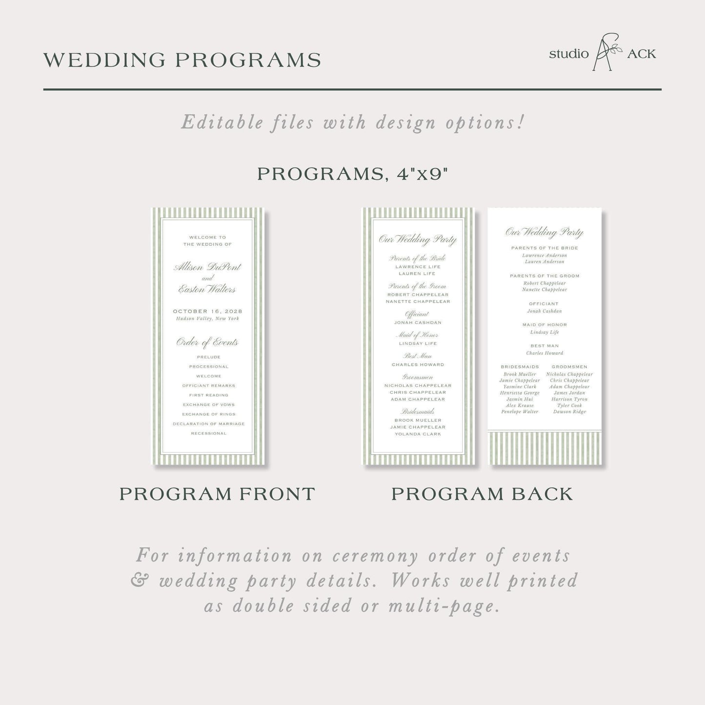 Green Striped Wedding Program Template
