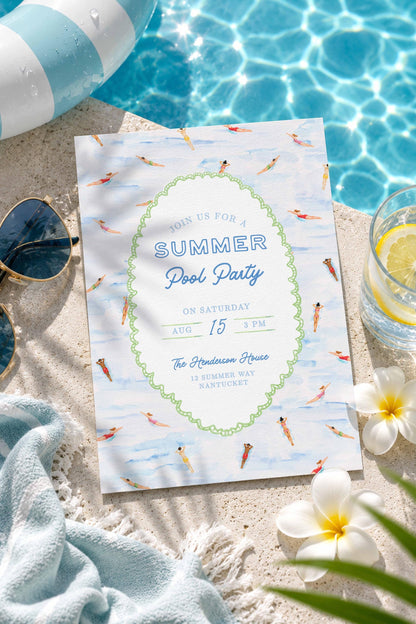 Summer Pool Party Invitation Template, Fun Hand Painted Watercolor Swim Party Invite, Summer Celebration, Poolside Event