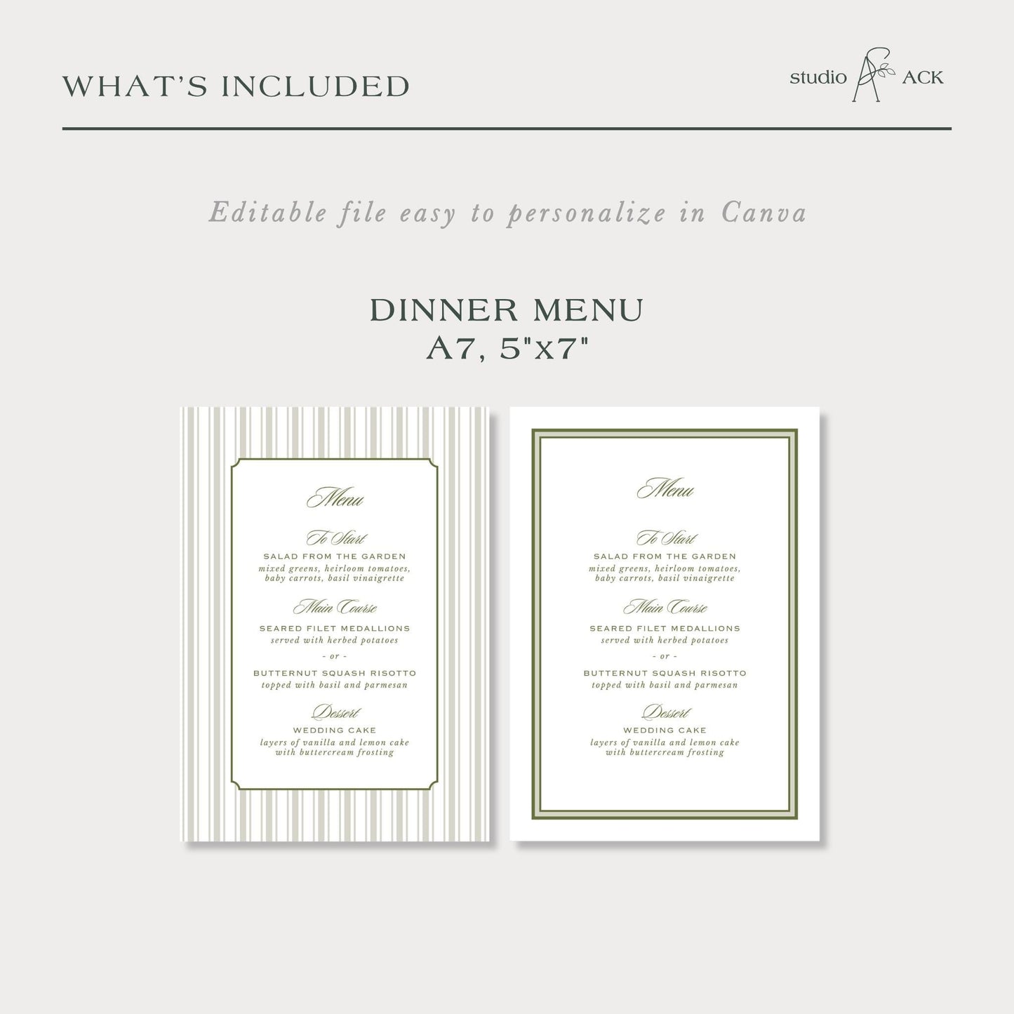 a printed menu and a wedding cake invitation with a striped design.
