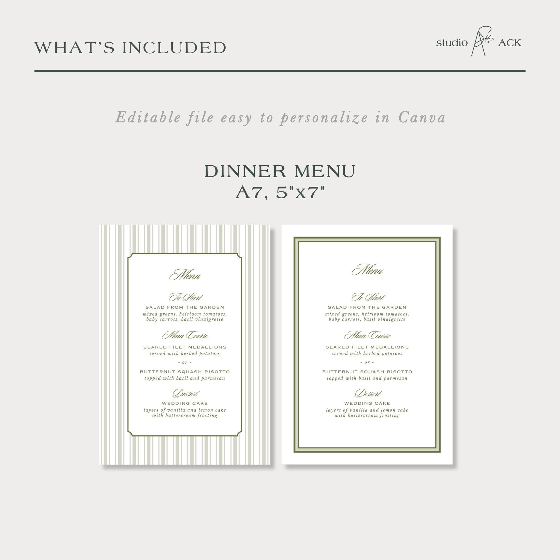 a printed menu and a wedding cake invitation with a striped design.