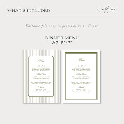 a printed menu and a wedding cake invitation with a striped design.