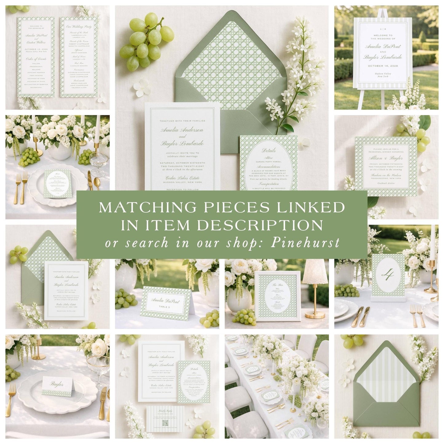 The image is a collage of various wedding-related items, including invitations, floral arrangements, place settings, and other decorative elements, all in a green and white color scheme.