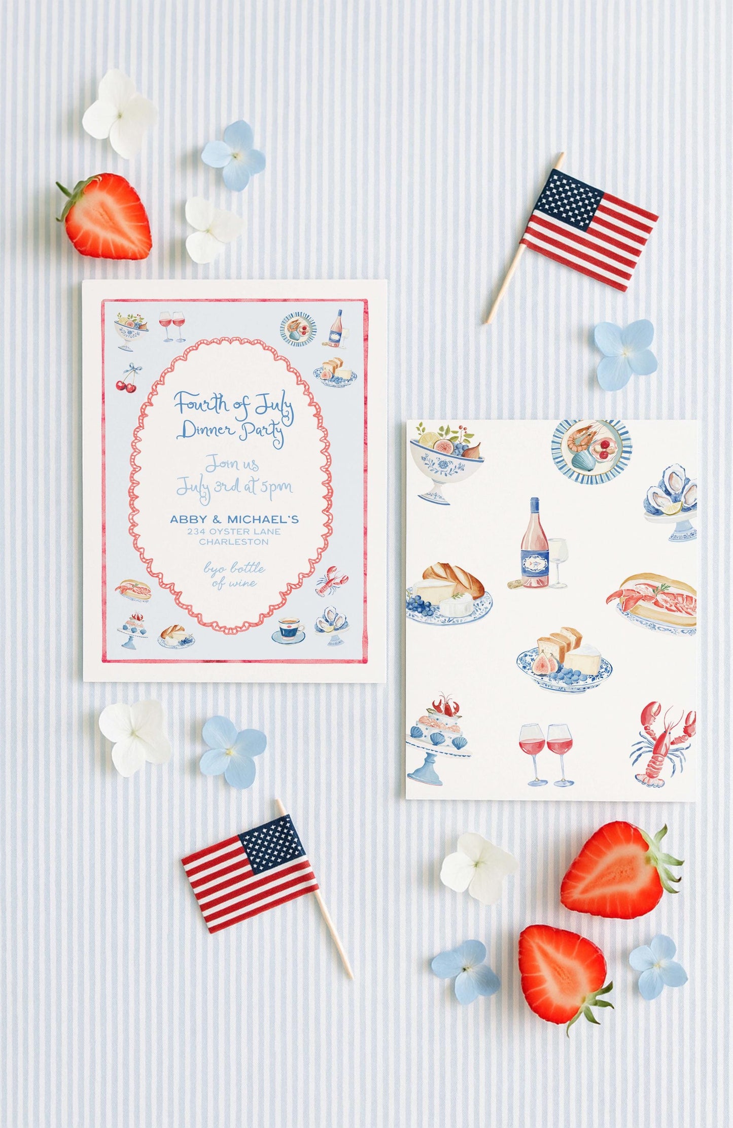 Summer Dinner Party Invitation, Fourth of July Coastal Americana Watercolor Design with Stripes, Adult Gathering Red, White & Blue Invite