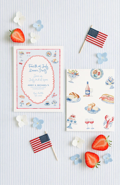 Summer Dinner Party Invitation, Fourth of July Coastal Americana Watercolor Design with Stripes, Adult Gathering Red, White & Blue Invite