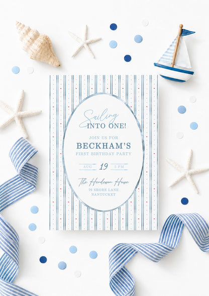 First Birthday Invite Template, Nautical Sailing Into One Boy 1st Birthday Party, Baby Boy Nautical Theme, Hand Painted Watercolor Sailboat